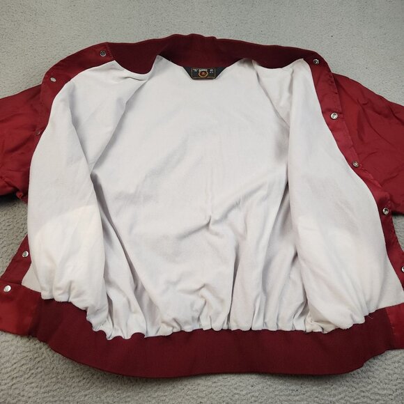 Vintage Satin Bomber Jacket 2XL Lined Blank Red Yellow Snap Button Front 90s USA - Picture 6 of 9